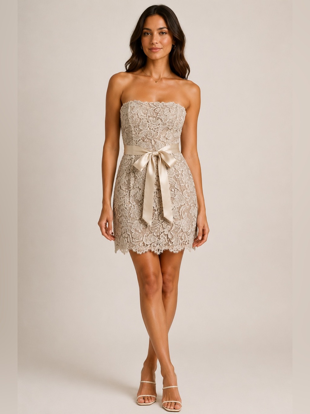 Adrianna Papell Lace Cocktail Dress Nude Champagne Wedding Guest 8